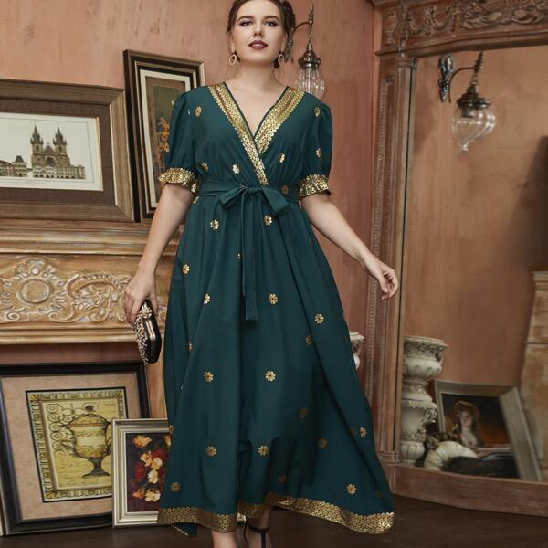 

Plus Gold Floral Puff Sleeve Surplice Neck Belted Dress, Dark green