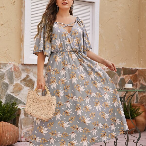 

Plus Allover Leaves Print Butterfly Sleeve A-line Dress, Multicolor