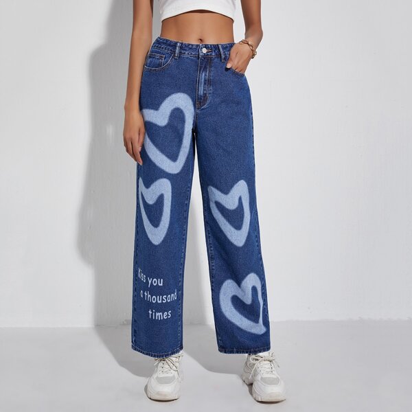

High Waist Slogan & Heart Print Jeans, Dark wash