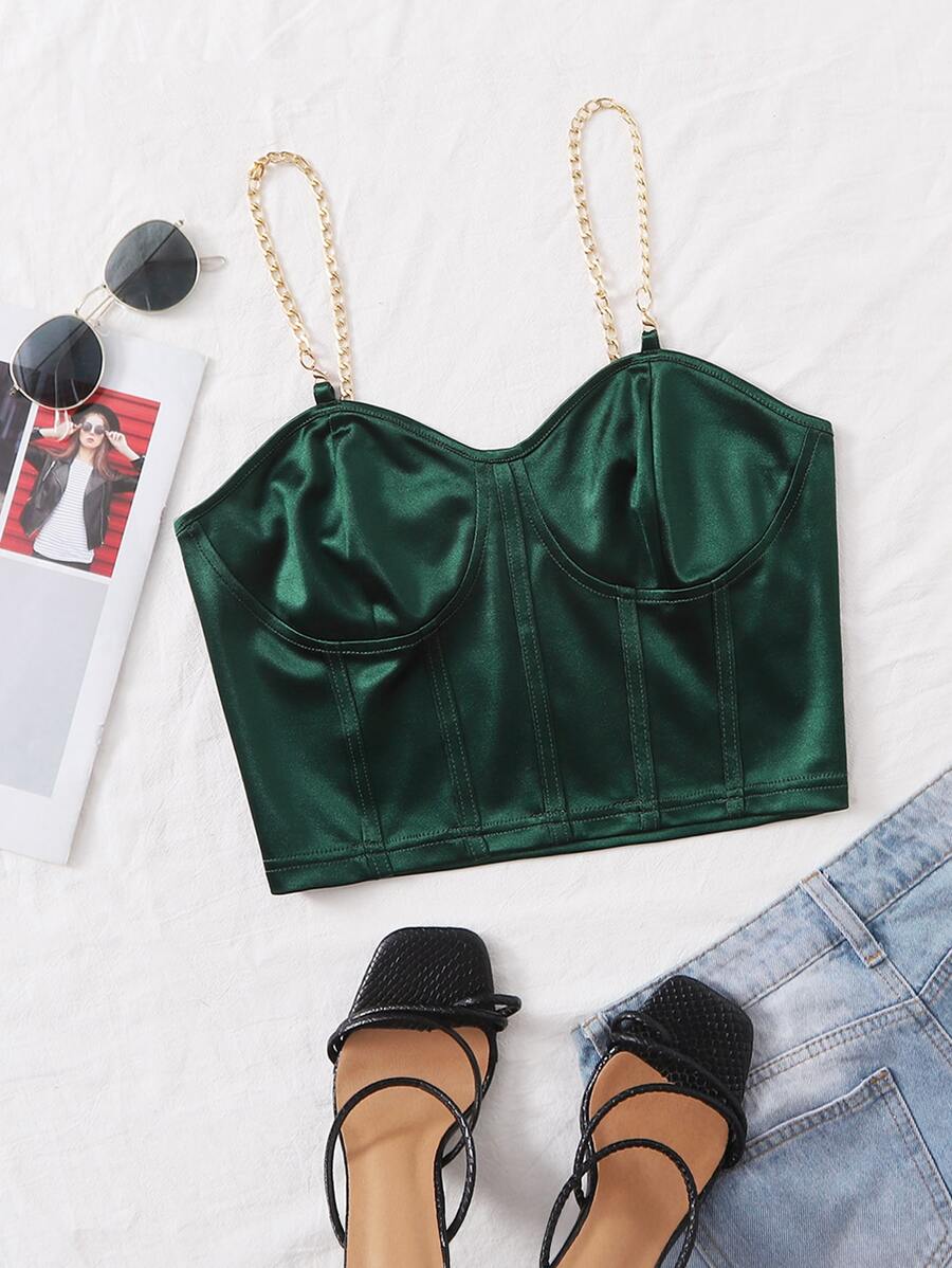 SHEIN Privé Chain Detail Silky Bustier Cami Crop Top - Dark Green - View 1