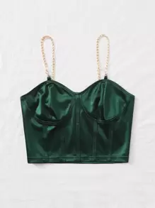 SHEIN Privé Chain Detail Silky Bustier Cami Crop Top - Dark Green - View 3