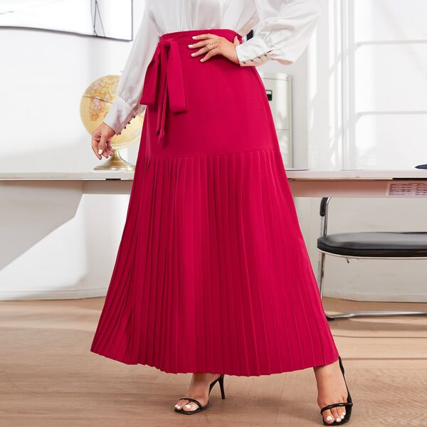 

Plus Belted Pleated Skirt, Red