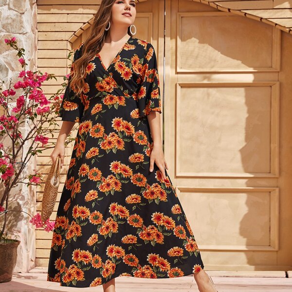 

Plus Sunflower Print V-neck A-line Dress, Multicolor