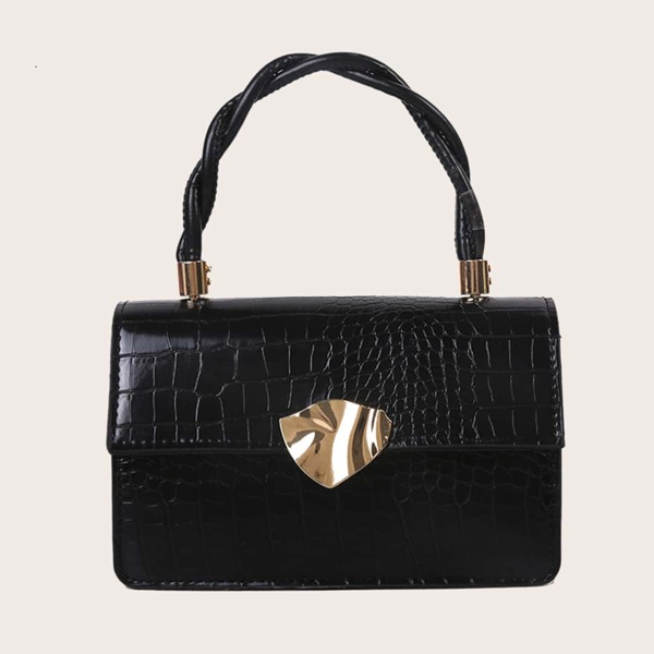

Croc Embossed Flap Satchel Bag, Black
