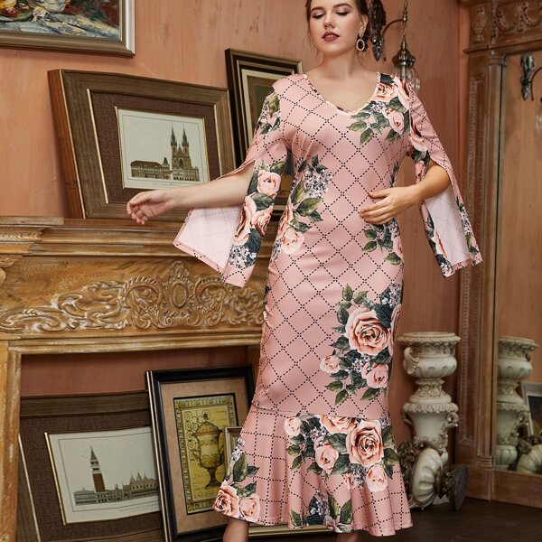 

Plus Floral & Plaid Print Split Sleeve Mermaid Dress, Baby pink