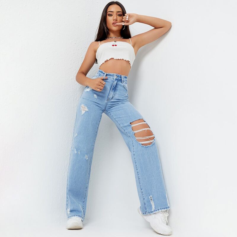 

High Waist Ripped Wide Leg Jeans, Light wash