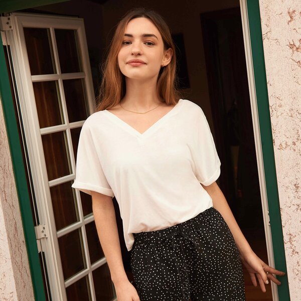 

Batwing Sleeve Backless Solid Tee, White