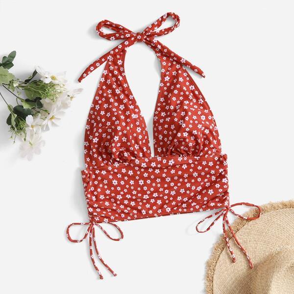 

Plus Ditsy Floral Halter Bikini Top, Red