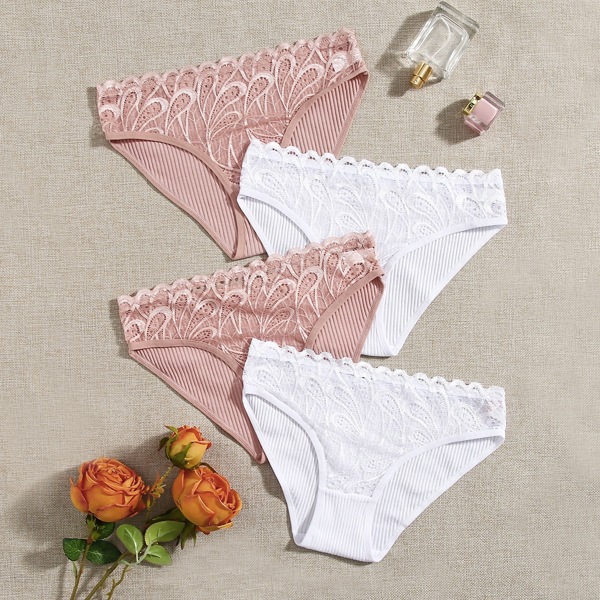 

4pack Contrast Lace Rib Panty Set, Multicolor
