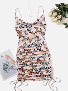 SHEIN Ruched Drawstring Butterfly Dress - Multicolor - View 1