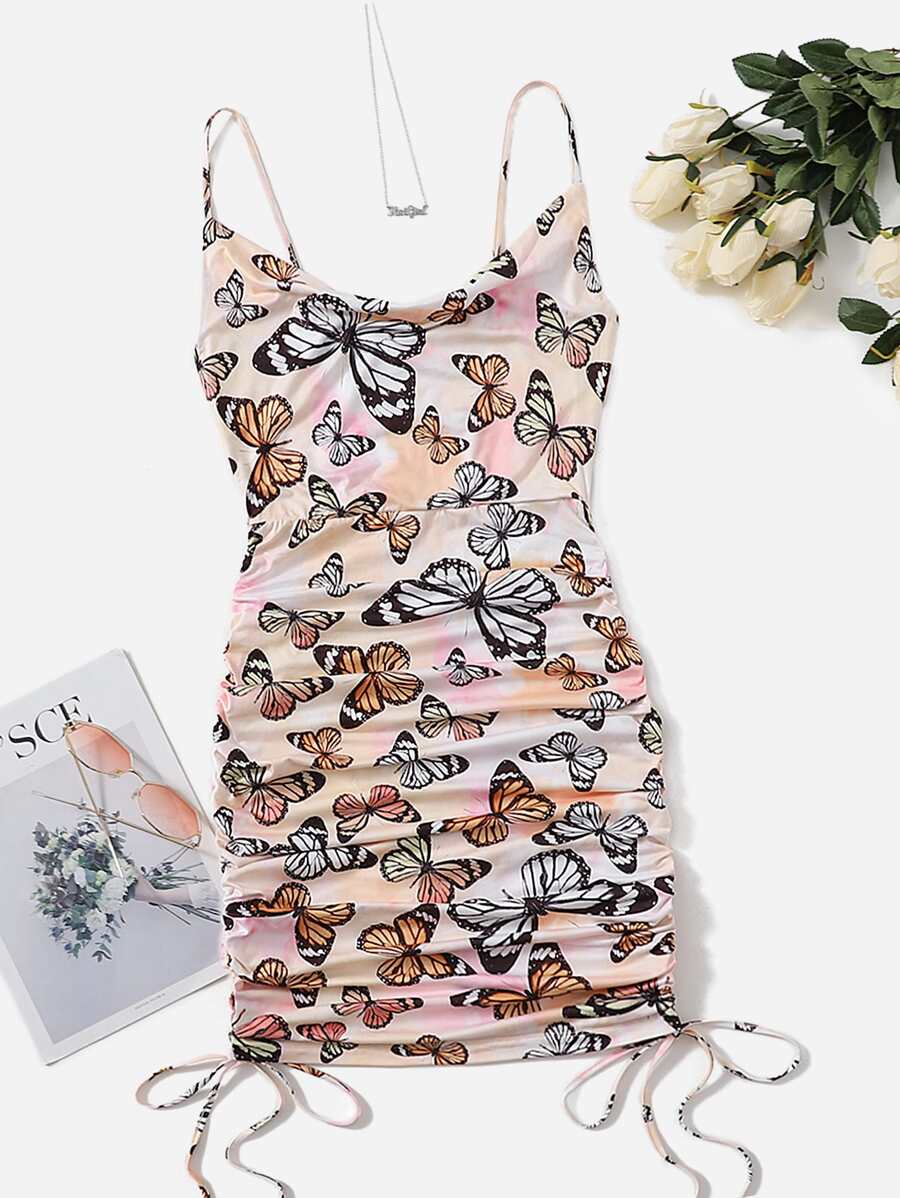 SHEIN Ruched Drawstring Butterfly Dress - Multicolor - View 1