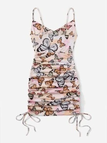 SHEIN Ruched Drawstring Butterfly Dress - Multicolor - View 2