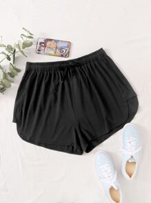 SHEIN EZwear Plus Solid Drawstring Waist Track Shorts - Black - View 1