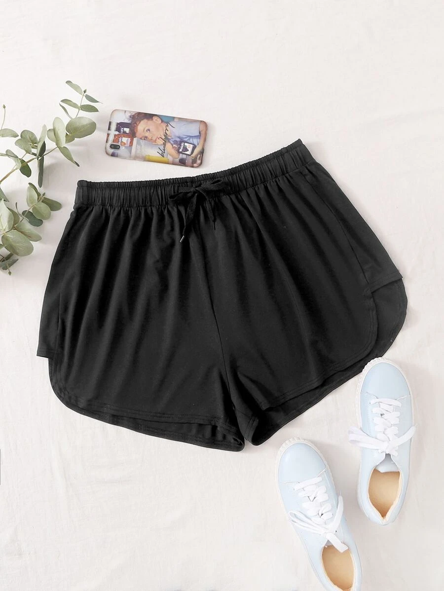 SHEIN EZwear Plus Solid Drawstring Waist Track Shorts - Black - View 1