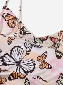 SHEIN Ruched Drawstring Butterfly Dress - Multicolor - View 6