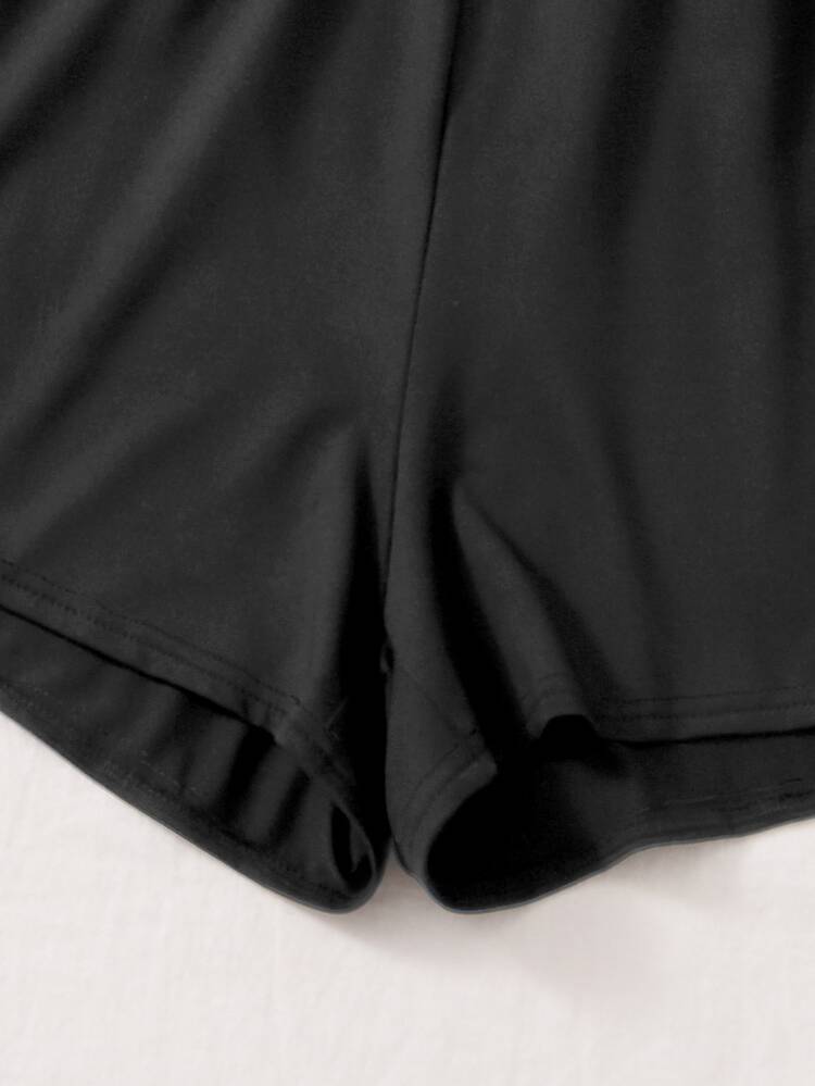 SHEIN EZwear Plus Solid Drawstring Waist Track Shorts - Black - View 3