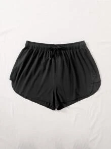 SHEIN EZwear Plus Solid Drawstring Waist Track Shorts - Black - View 5