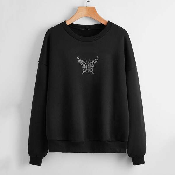 

Drop Shoulder Rhinestone Butterfly Pullover, Black