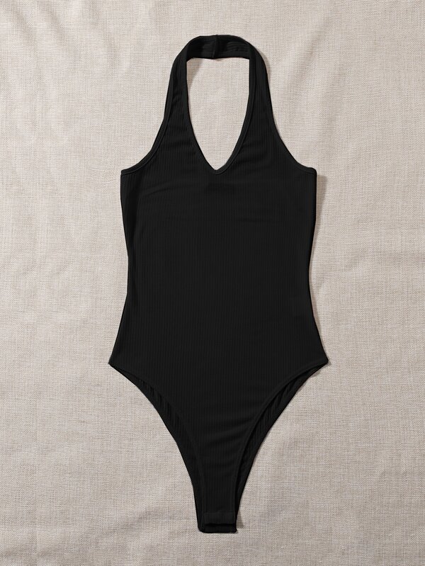 SHEIN EZwear Solid Ribbed Halter Bodysuit for Sale Australia New Collection Online SHEIN Australia