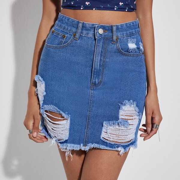 

Ripped Raw Hem Denim Skirt, Medium wash