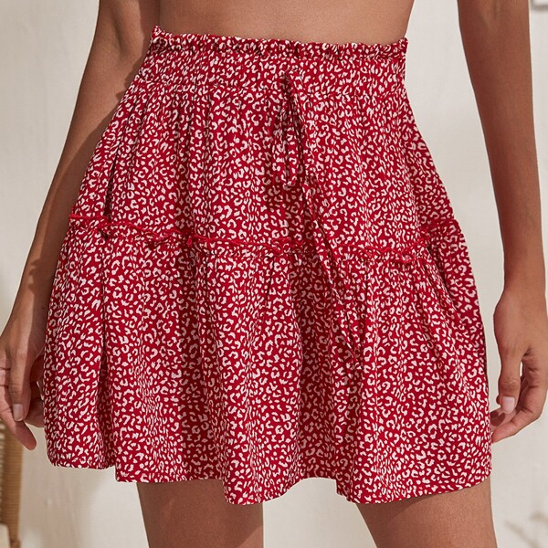 

Knotted Paperbag Waist Leopard Skirt, Red and white