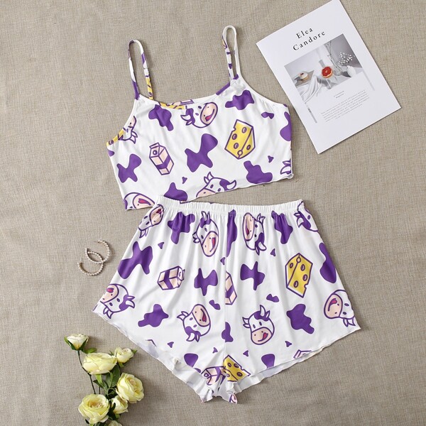 

Plus Cartoon Cow Print Cami PJ Set, White