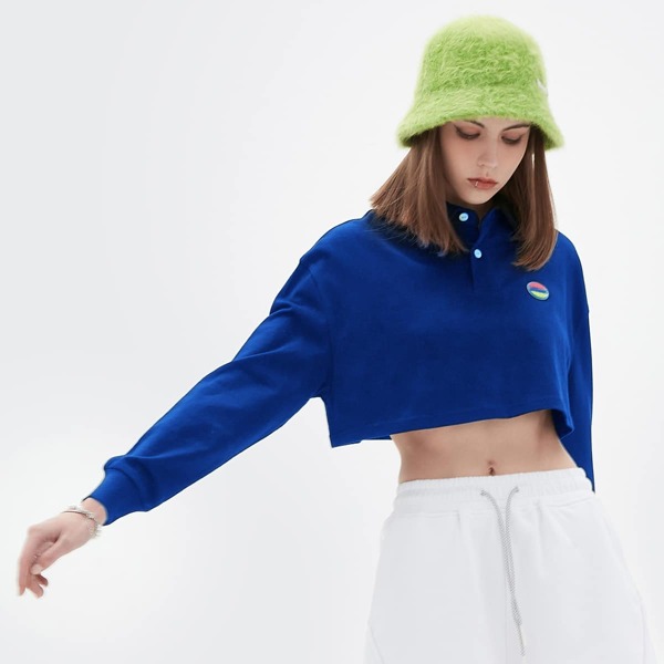 

Drop Shoulder Patched Detail Crop Pullover, Royal blue