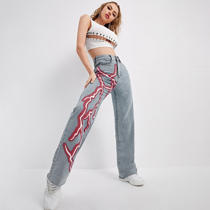 

Raw Hem Lightning Print Jeans, Light wash