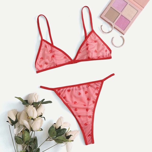 

Heart Print Mesh Lingerie Set, Pink