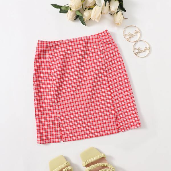 

Gingham Split Hem Skirt, Red