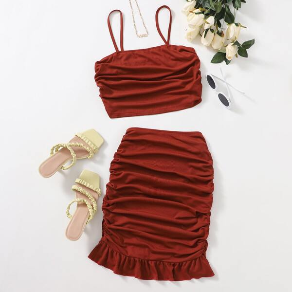 

Ruched Crop Cami & Ruffle Hem Skirt Set, Redwood