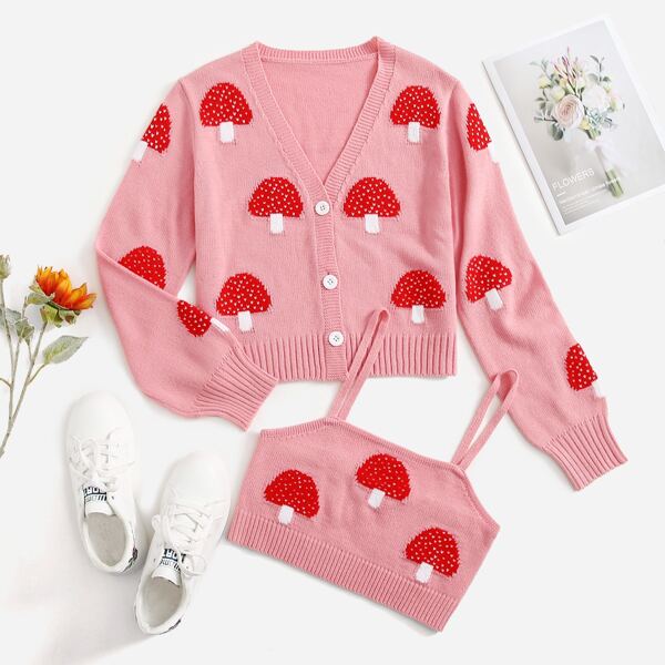 

Mushroom Pattern Cardigan With Cami, Baby pink