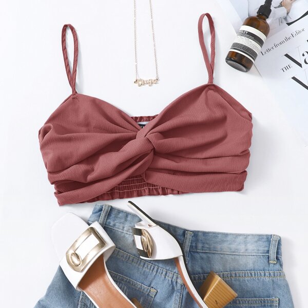 

Twist Front Shirred Back Cami Top, Baby pink