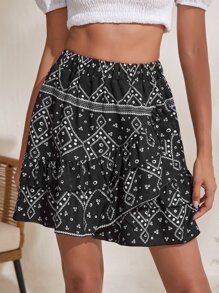 SHEIN VCAY Ruffle Hem All Over Print Skirt - Black - View 1