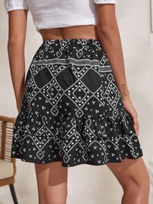 SHEIN VCAY Ruffle Hem All Over Print Skirt - Black - View 2