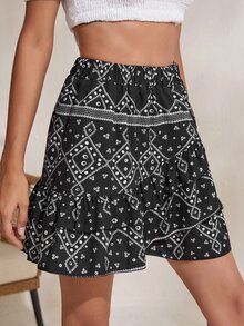 SHEIN VCAY Ruffle Hem All Over Print Skirt - Black - View 4
