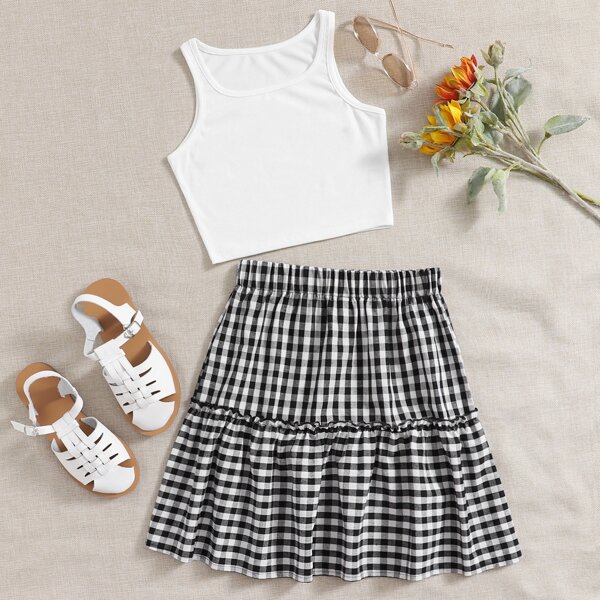

Crop Tank Top & Gingham Frill Trim Skirt, Black and white