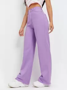 SHEIN EZwear High Waist Raw Hem Wide Leg Jeans - Lilac Purple - View 2