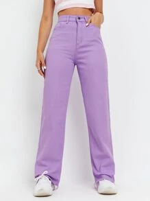 SHEIN EZwear High Waist Raw Hem Wide Leg Jeans - Lilac Purple - View 3