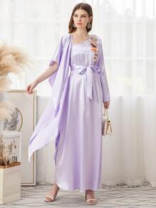 SHEIN 貼花細節腰帶緞面洋裝