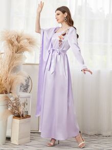 SHEIN 貼花細節腰帶緞面洋裝