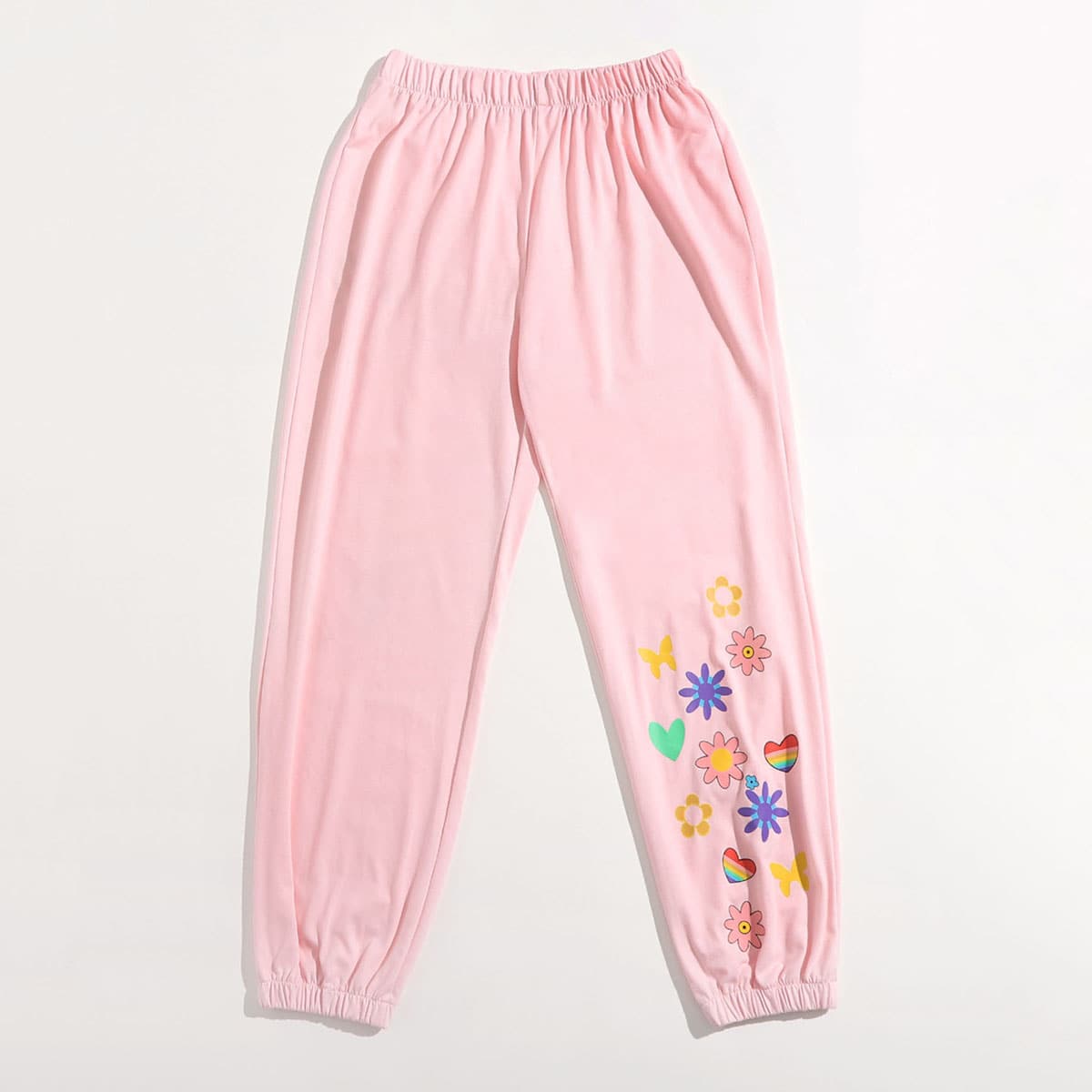

Floral & Heart Graphic Sweatpants, Baby pink