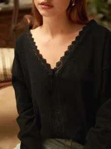 Áo len nữ Tương phản ren màu trơn Giải trí - màu đen - Xem 1