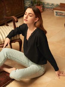 Áo len nữ Tương phản ren màu trơn Giải trí - màu đen - Xem 3