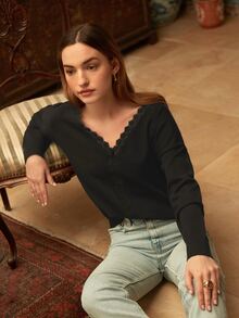 Áo len nữ Tương phản ren màu trơn Giải trí - màu đen - Xem 4