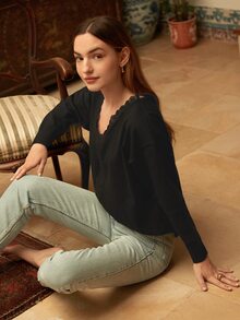 Áo len nữ Tương phản ren màu trơn Giải trí - màu đen - Xem 5