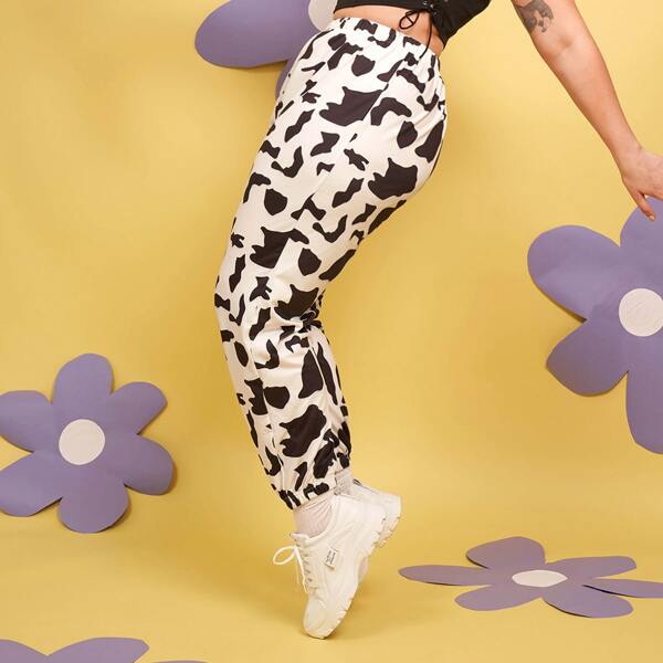 

Plus Cow Print Elastic Waist Sweatpants, Multicolor