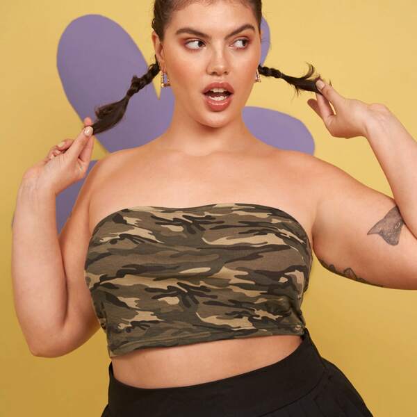 

Plus Camo Print Crop Tube Top, Multicolor