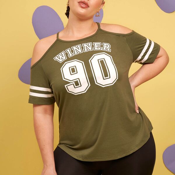 

Plus Number And Letter Graphic Cold Shoulder Tee, Army green