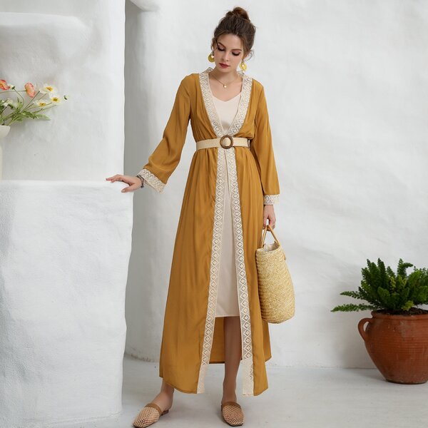 

Guipure Lace Trim Open Front Abaya Without Belt, Yellow